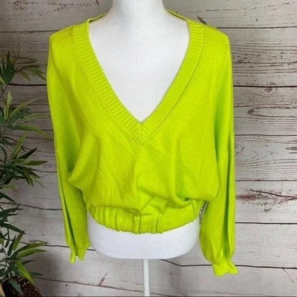 Abound V-Neck Knit Drop Shoulder Neon Elastic Waistband Hem Sweater NWT - Picture 2 of 7